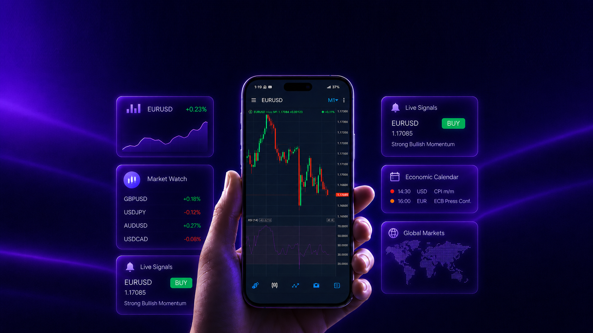 Forex trading app with live market cards